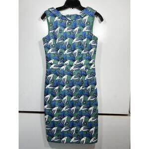 Boden Midi Dress Blue Green Floral US 4R Pencil Straight Lined Heavy Cotton